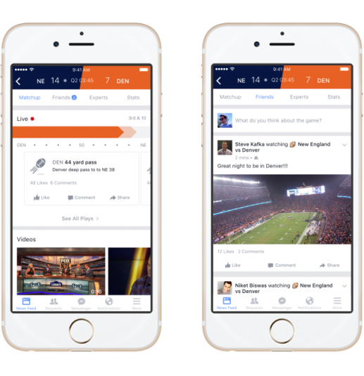 On Facebook Sports Stadium, live scores, play tracker, and related posts are available to fans in real time.