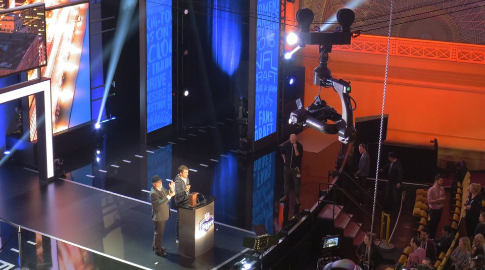 The Supracam (seen her to the top right) made its NFL Draft debut on Thursday inside the Auditorium Theatre.