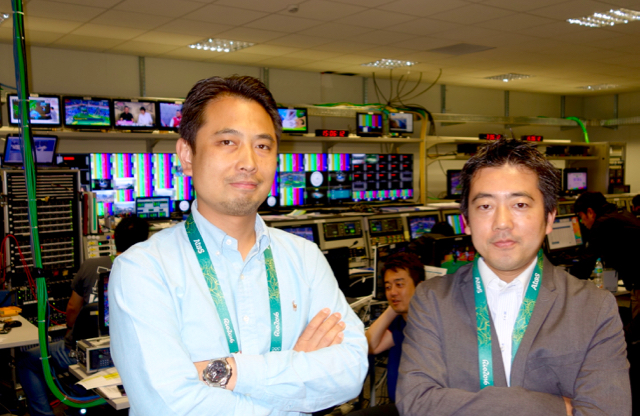 (l-to-r) Yujin Suzuki, technical director from NTV and Yuichi Ichiko, producer from NHK Sports in the Japan Consortium broadcast operations center at the Rio Olympics IBC. 