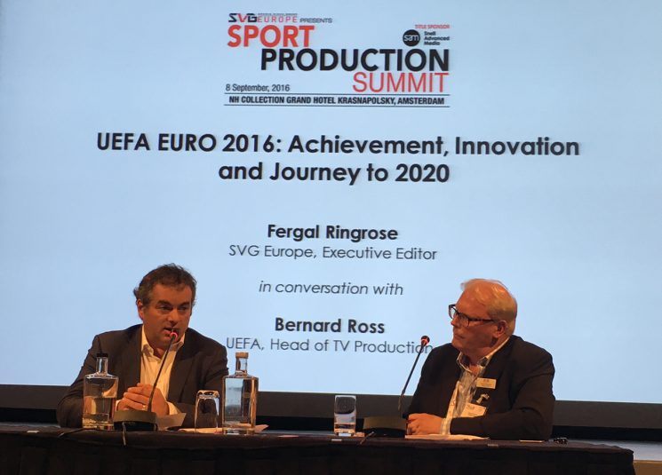 UEFA’s Bernard Ross (left) discusses TV production of UEFA EURO 2016 with SVG Europe’s Fergal Ringrose.
