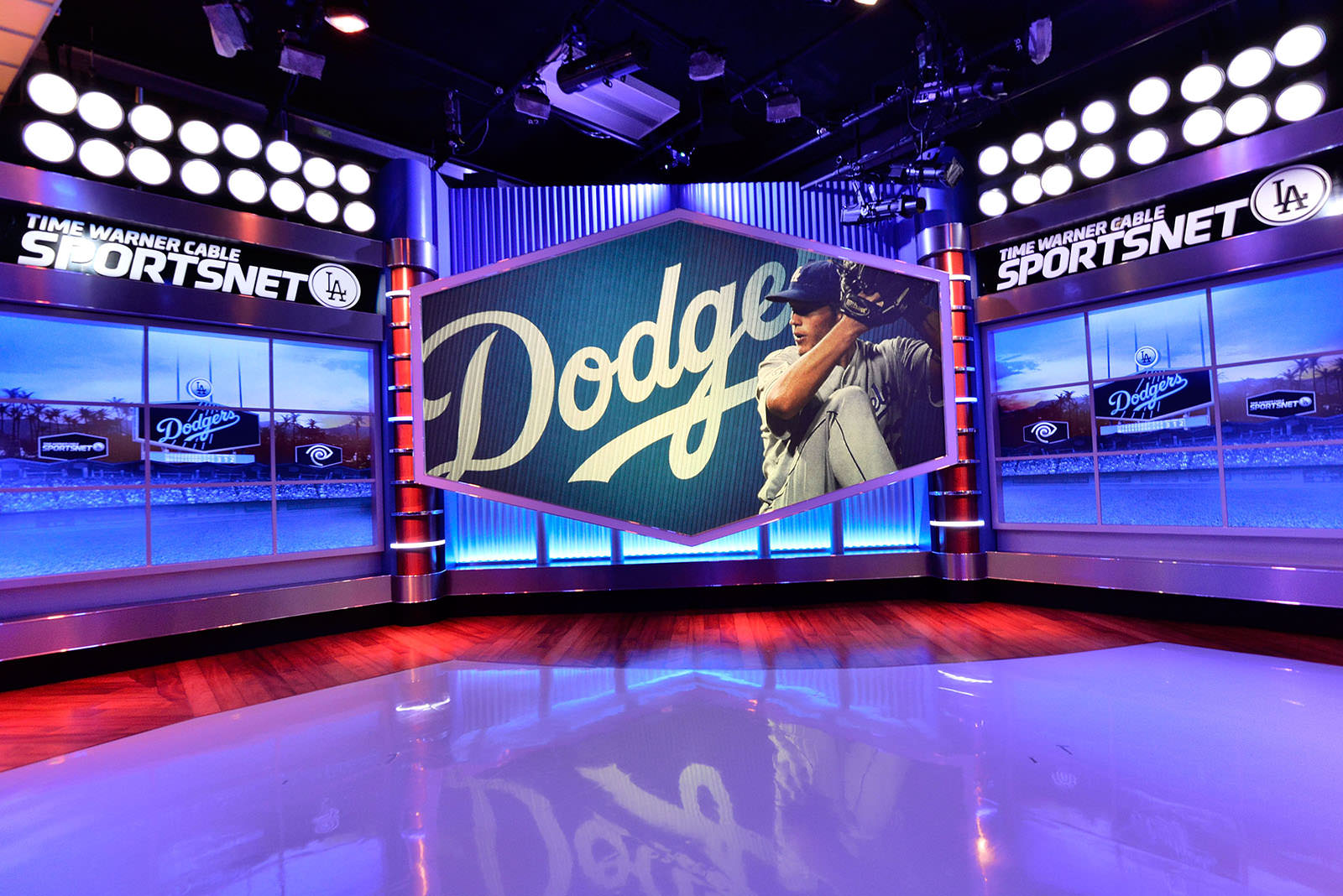 The SportsNet LA studio was designed to be Dodgers-centric in its look and color scheme.