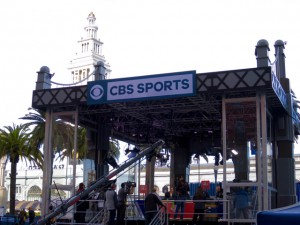 The CBS Sports Super Bowl City set is has the San Francisco Ferry Building as an iconic backdrop.
