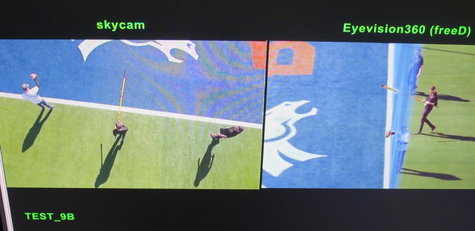 A test of the EyeVision 360 system shows its potential for showing whether or not a player broke the plane of the goal line. Left is a Skycam shot of three people relative to the goal line and on the right one can see which of them broke the plane and by how much.
