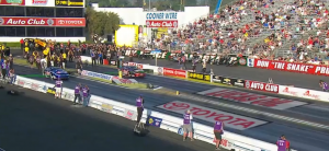 The NHRA's graphics package includes virtual start/finish lines and sponsor integration on the track.
