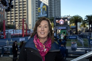 Patty Power of CBS Sports on the CBS Super Bowl City set in San Francisco.