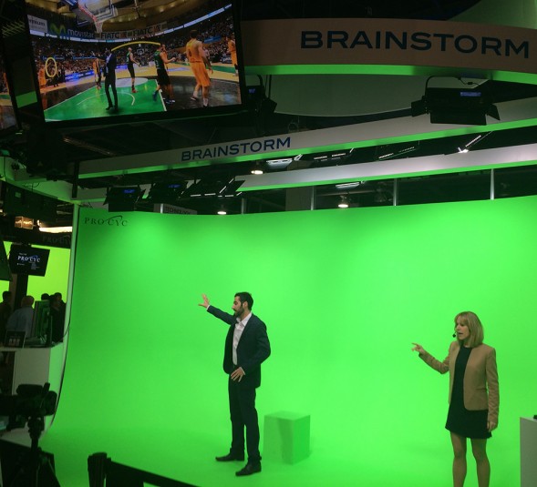 Brainstorm’s 24-ft.-wide-virtual studio theater demonstrated how Infinity Set’s TeleTransporter feature virtually inserts talent into a remote location.