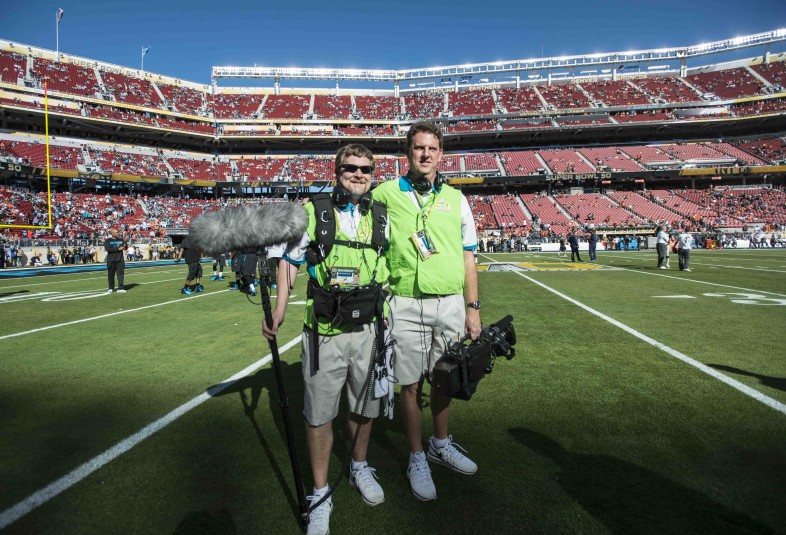Rob Paul (left) and Tom Butler on the Panthers TV team that was onsite to produce content during Super Bowl 50.