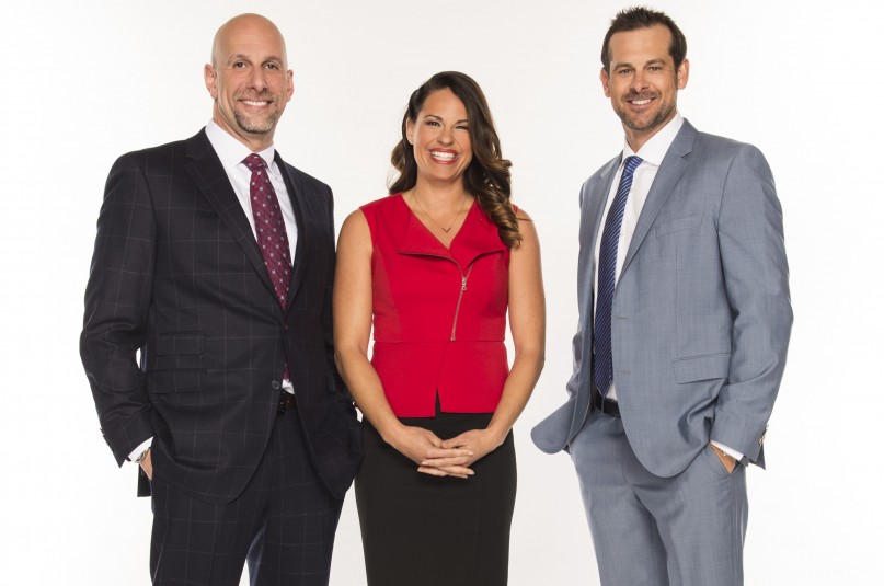 ESPN Sunday Night Baseball's broadcast booth will feature (from left) returning play-by-play voice Dan Shulman and new analysts Jessica Mendoza and Aaron Boone. 