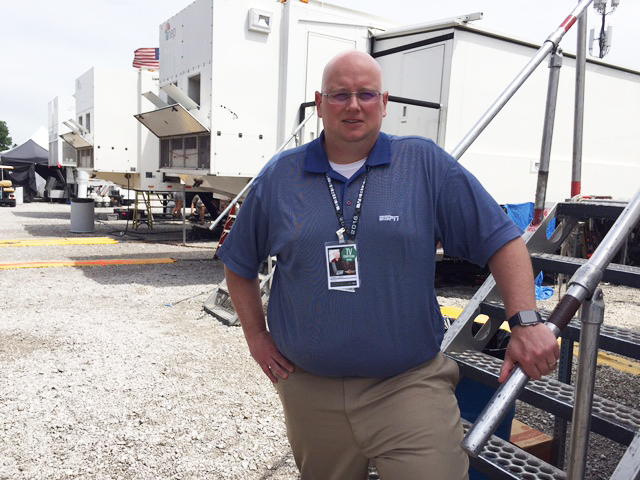 ESPN’s Dennis Cleary in the production compound at Indianapolis Motor Speedway
