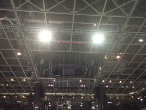 A Daktronics center-hung videoboard was lifted into the ceiling to accommodate the concert set-up.