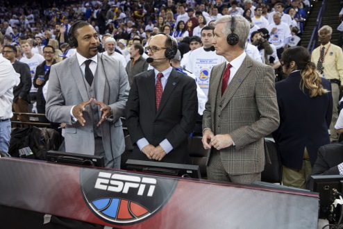Commentators (from left) Mark Jackson, Jeff Van Gundy, and Mike Breen along with reporter Doris Burke (not pictured) will call their record seventh NBA Finals as a full broadcast team — the most for an NBA Finals quartet on TV. 