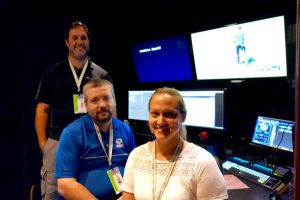 (left-to-right): Noah Gusdorff, President of CMSI; Ryan Werber, Network Engineer, CCIE; ad Brittany Sheetz, Post Production Engineer inside Edit 2, where CMSI's team lived during the U.S. Open. 