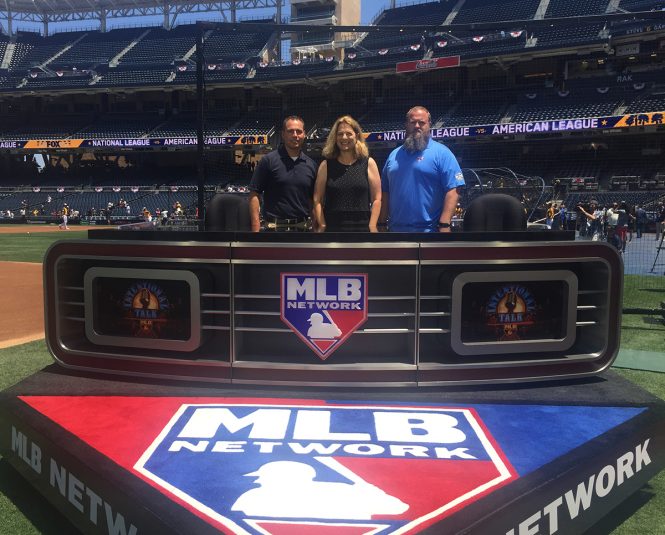 MLB Network's (from left) Tom Guidice, Susan Stone, and Jason Hedgcock at the primary on-field set