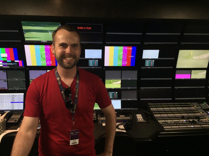 Mobile TV Group’s Dale Canino inside the company’s 39 Flex 4K/HDR truck, which is hosting this weekend’s 4K production.
