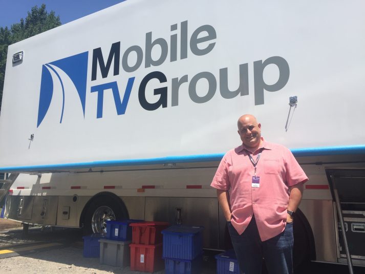 AT&T Entertainment Group’s John Ward outside Mobile TV Group’s 39 Flex, host to the 4K and HDR productions at Baltusrol Golf Club