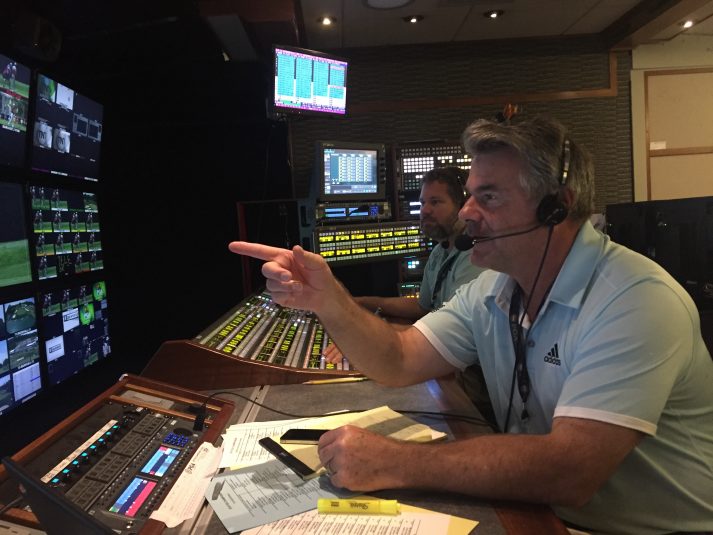 CBS Sports director Steve Milton practices calling cameras before Thursday’s action. Milton has served as lead director on the PGA Championship for CBS since 1997.
