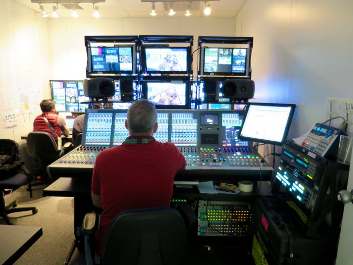 ESPN Brazil's control room includes a Calrec audio console and Grass Valley Karrera production switcher.