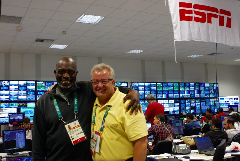 ESPN's Claude Phipps (left) and Henry Rousseau inside ESPN's content production area inside the Rio Olympics IBC.