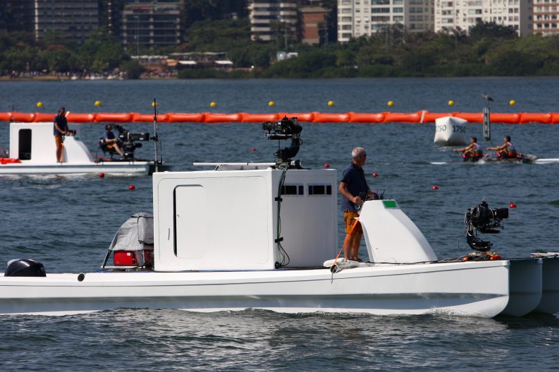 The camera on this boat is tied to an on-board EVS system that is clipping high-speed shots and then transporting them to shore via RF.