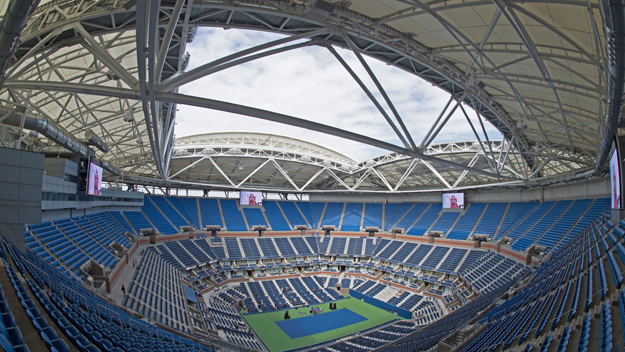 The retractable roof over Arthur Ashe Stadium in the open position at the USTA Billie Jean King National Tennis Center August 2, 2016 in New york. / AFP / DON EMMERT        (Photo credit should read DON EMMERT/AFP/Getty Images)