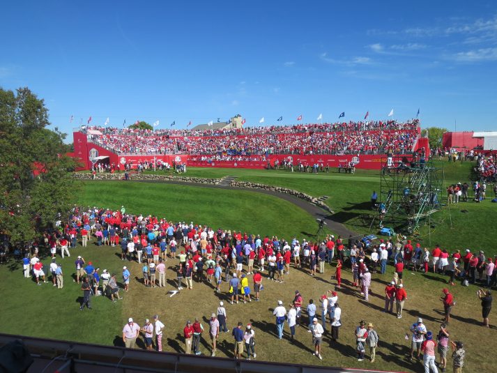 The Sky Sports studio at the Ryder Cup had a great view of the first tee.