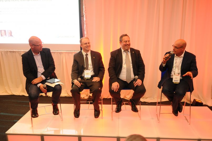 At SVG's TranSPORT conference, (from left) SVG’s Ken Kerschbaumer, Fox Networks’ Thomas Edwards, Ericsson’s Matthew Goldman, and AT&T Entertainment Group's Philip Goswitz discussed the state of 4K/UHD transmission and distribution.