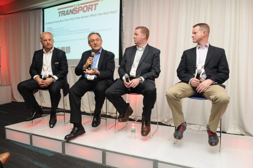 From left: Scott Beers of The Switch, Harry Carr of Bay Microsystems, Brad Cheney of Fox Sports, and Chris Connolly of NBC Sports discussed “at-home” productions during SVG’s TranSPORT conference.