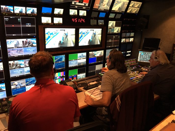 The NHRA production team cranked out more than 550 hours of coverage this year for Fox Sports, up from 125 hours last year. A shot of the front bench inside the F&F truck the team called home.