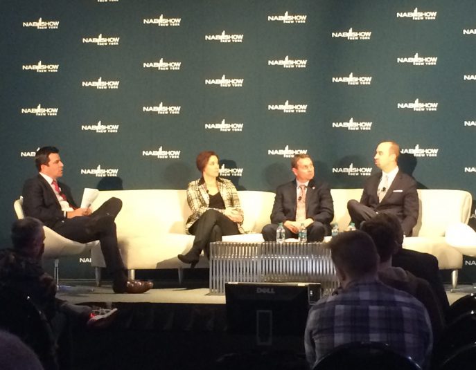 Moderated by Fox 5’s Steve Lucy (far left), a panel comprising (from left on couch) Macy’s Amy Kule, Madison Square Garden’s Ron Skotarczak, and Brooklyn Sports & Entertainment’s Fred Mangione discussed putting on a live show at NAB Show New York.