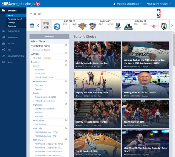 The NBA Content Network portal allows league partners to access content they have rights to and preview other content for purchase.