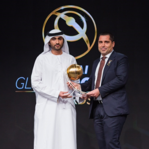 Riccardo Silva, founder and shareholder of MP & Silva, collecting the Best Sports Media Agency of the Year 2016 award at the Globe Soccer Awards in Dubai