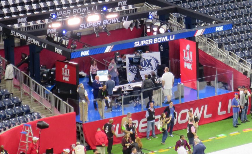 The Fox Sports pre-game set is nestled into the corner of the stadium behind the Patriots end zone.