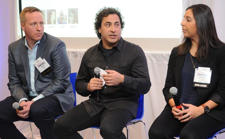 The Opening State of the Arts panel included (from left) Jason Joly, MSG Network, Director of Graphics; JP LoMonaco, CBS Sports, Senior Art Director; Camille Maratchi, HBO Sports, Associate Creative Director