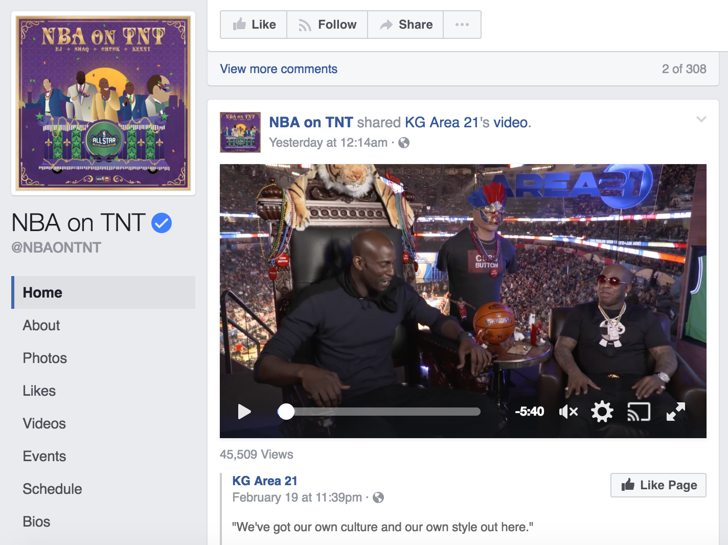 Turner Sports created a small studio area called Area 21 that was a home to some live social video content. Kevin Garnett hosted a Facebook Live from the location during the Slam Dunk Contest. The show was meant to serve as a second-screen complement to the linear television production.
