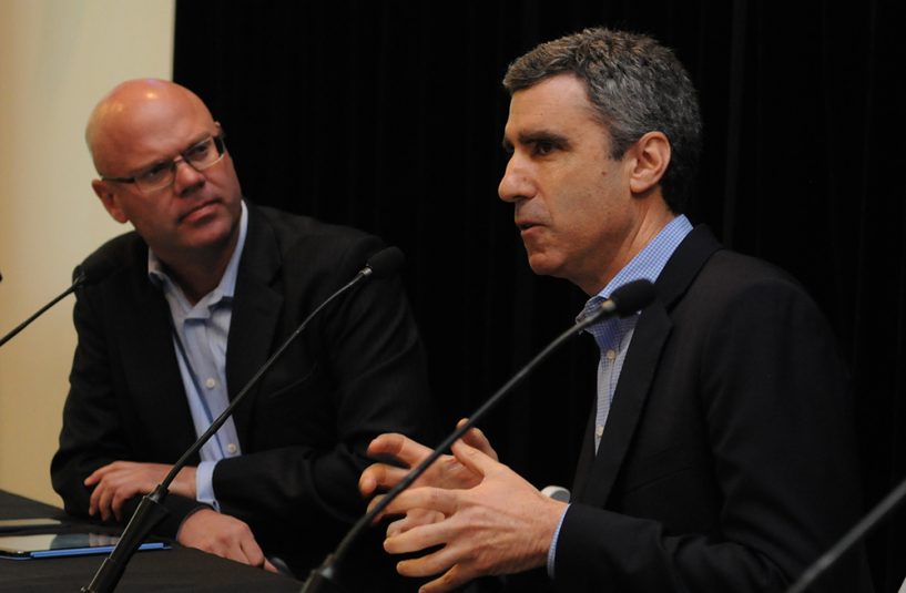 NBC Sports’ Gary Zenkel (right) in conversation with SVG Co-Executive Director, Editorial Services, Ken Kerschbaumer