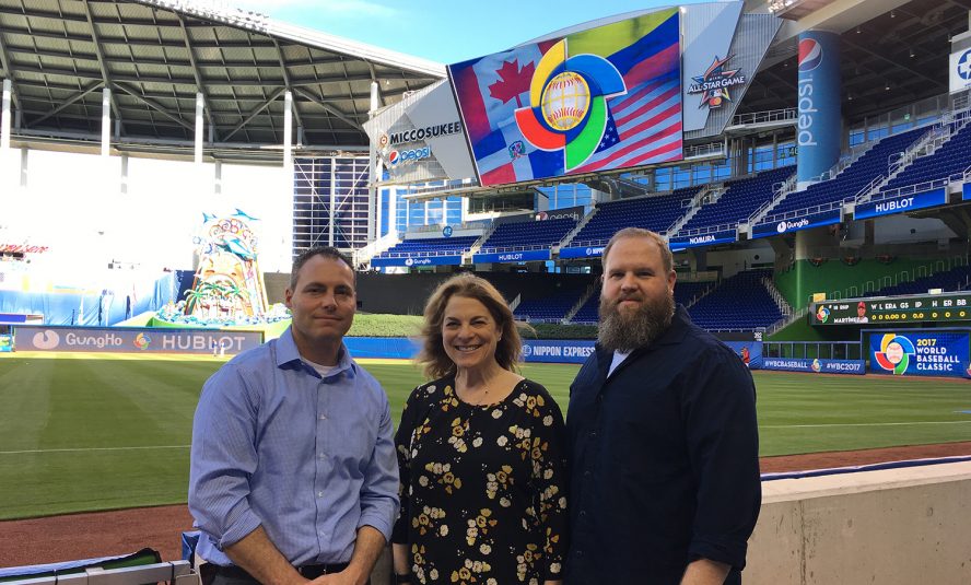 MLB Network’s operations leaders at Marlins Park: (from left) Tom Guidice, Susan Stone, and Jason Hedgcock