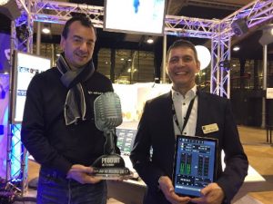 Jérôme Gahery, IP-Studio, and Peter Passian, the Telos Alliance, receive the 2017 Best Product of the Year Award from Salon de la Radio. 